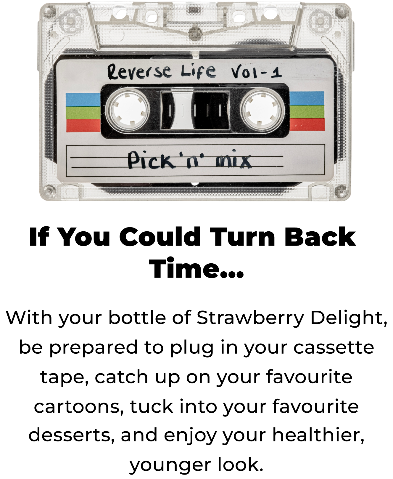 If You Could Turn Back
Time... With your bottle of Strawberry Delight, be prepared to plug in your cassette tape, catch up on your favourite cartoons, tuck into your favourite desserts, and enjoy your healthier, younger look.