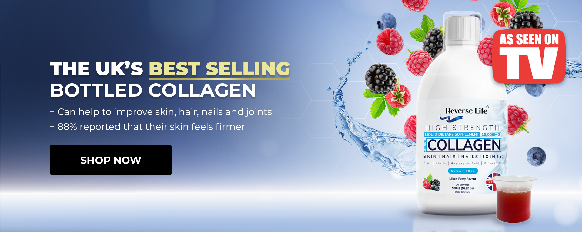 The UK's best selling bottled collagen. Can help to improve skin, hair, nails and joints. 88% reported that their skin feels firmer.