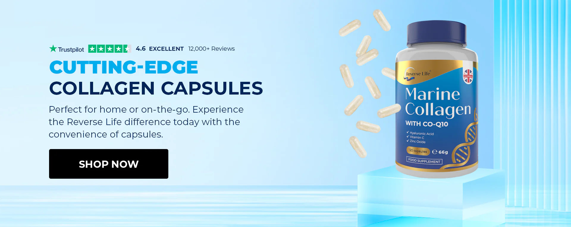 Cutting-edge Collagen Capsules. Perfect for home or on-the-go. Experience the Reverse Life difference today with the convenience of capsules.