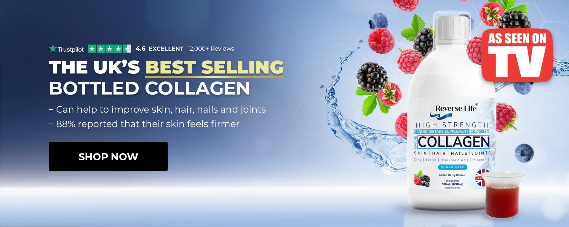 The UK's best selling bottled collagen. Can help to improve skin, hair, nails and joints. 88% reported that their skin feels firmer.