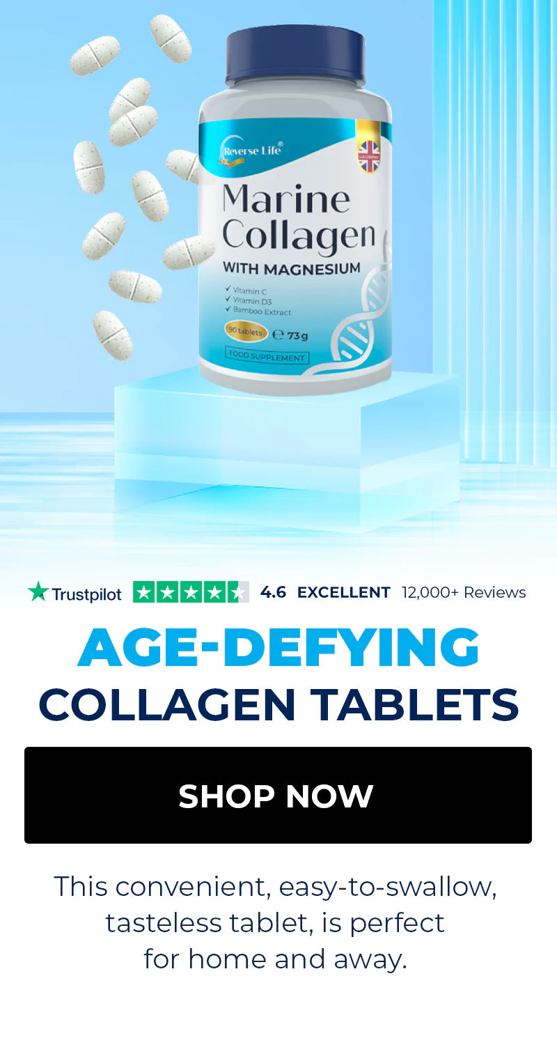 Age-defying collagen tablets. This convenient, easy-to-swallow, tasteless tablet, is perfect for home and away.